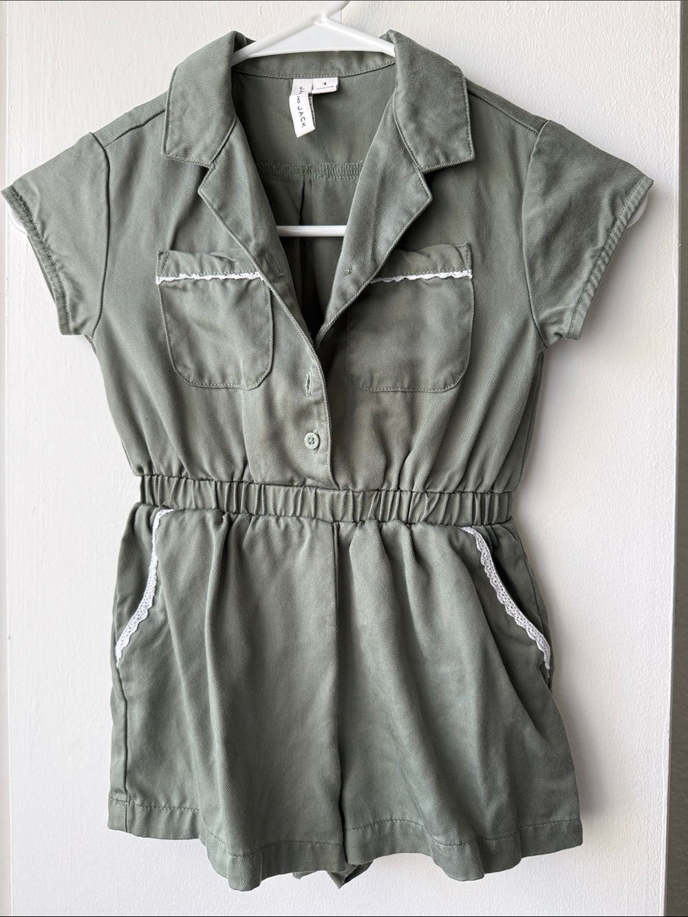 Janie and Jack Olive Green Short-Sleeve One-Piece Romper with Lace Trim